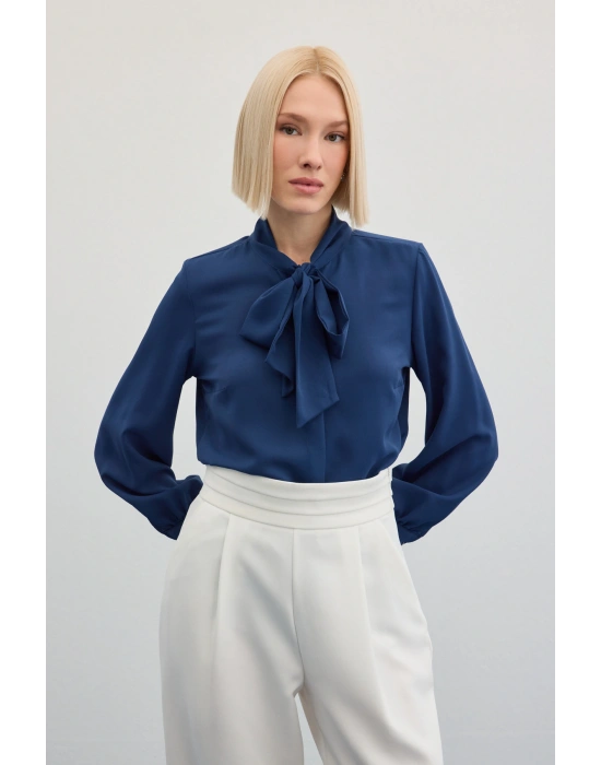 Yakası Bağlamalı Düz Gömlek - İndigo