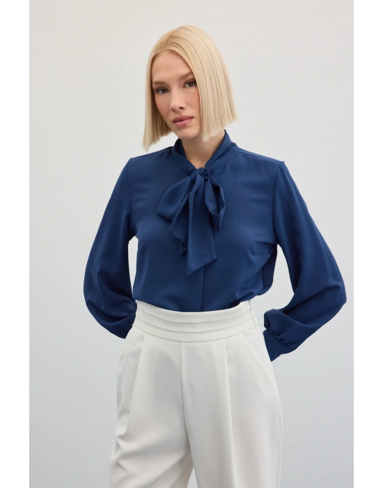 Yakası Bağlamalı Düz Gömlek - İndigo