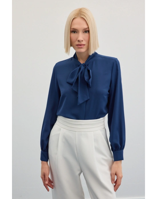 Yakası Bağlamalı Düz Gömlek - İndigo