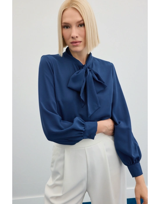 Yakası Bağlamalı Düz Gömlek - İndigo