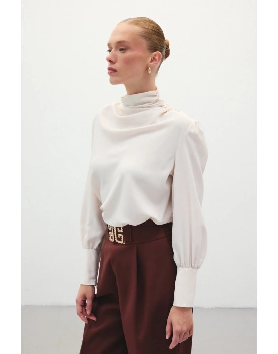 Drape Detaylı Bluz - Bej
