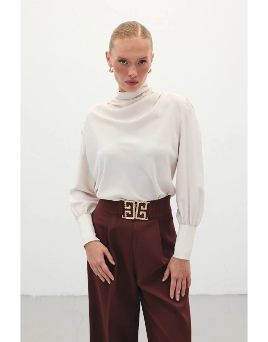 Drape Detaylı Bluz - Bej