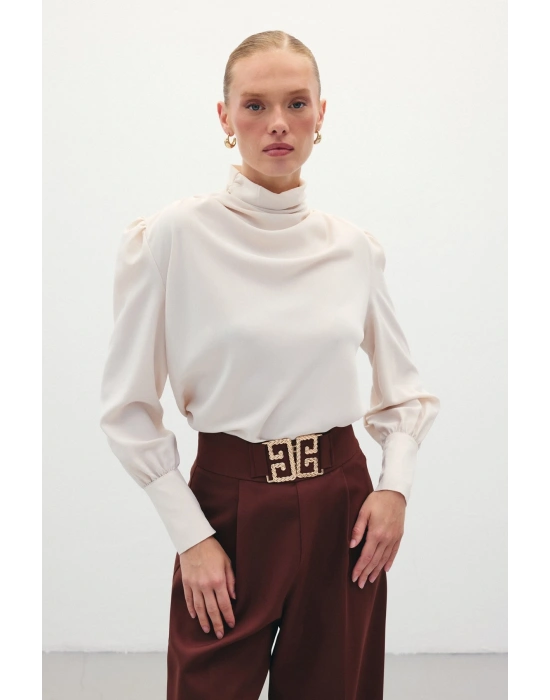 Drape Detaylı Bluz - Bej