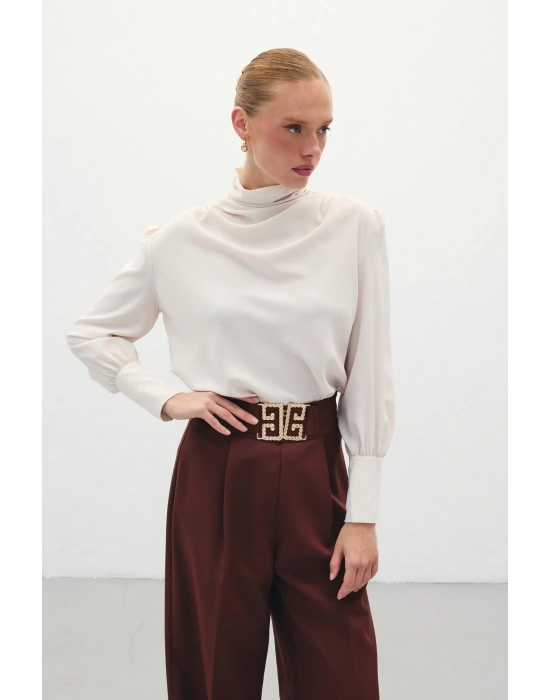 Drape Detaylı Bluz - Bej