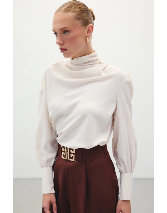 Drape Detaylı Bluz - Bej