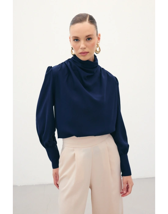 Drape Detaylı Bluz - Lacivert
