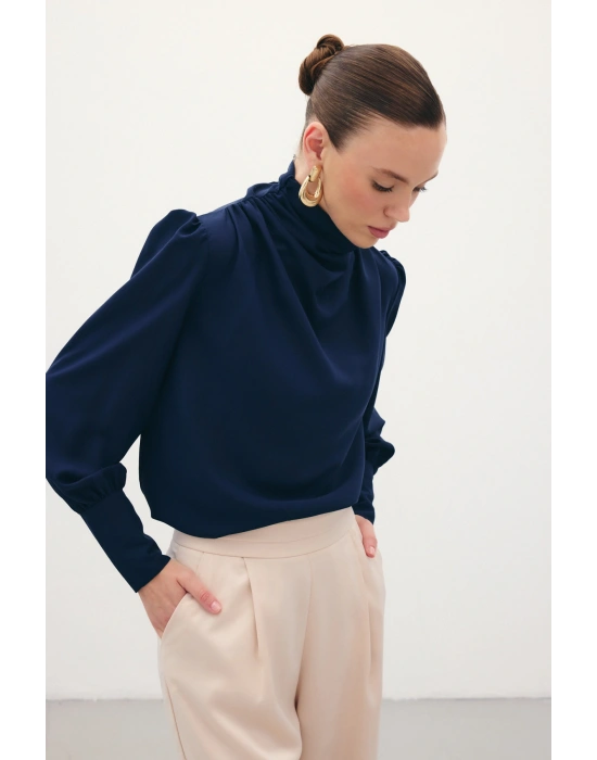 Drape Detaylı Bluz - Lacivert