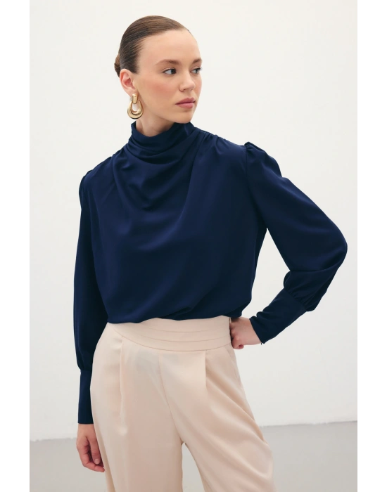 Drape Detaylı Bluz - Lacivert