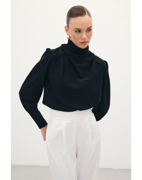 Drape Detaylı Bluz - Siyah
