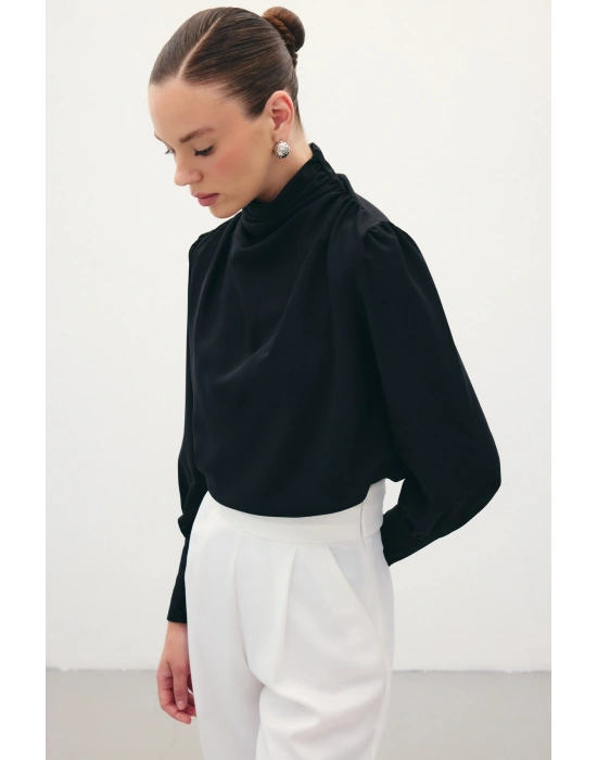 Drape Detaylı Bluz - Siyah