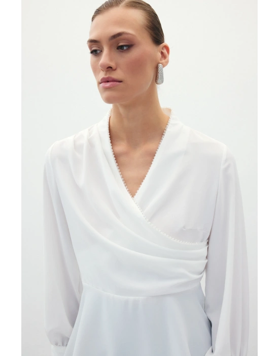 Boncuklu Yaka Kruvaze Bluz - Ekru