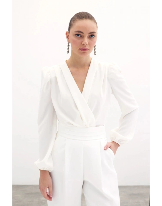 Kruvaze Vatkalı Bodysuit - Ekru