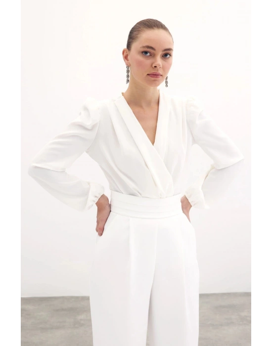 Kruvaze Vatkalı Bodysuit - Ekru