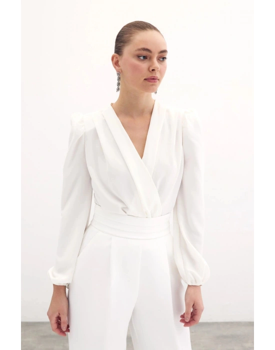 Kruvaze Vatkalı Bodysuit - Ekru