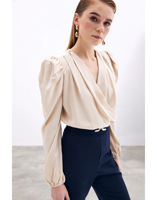 Kruvaze Vatkalı Bodysuit - Bej