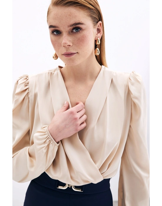 Kruvaze Vatkalı Bodysuit - Bej