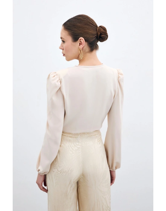 Kruvaze Vatkalı Bodysuit - Bej