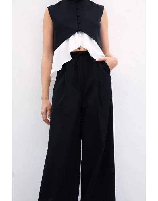 Kontrast Bol Pantolon - Siyah