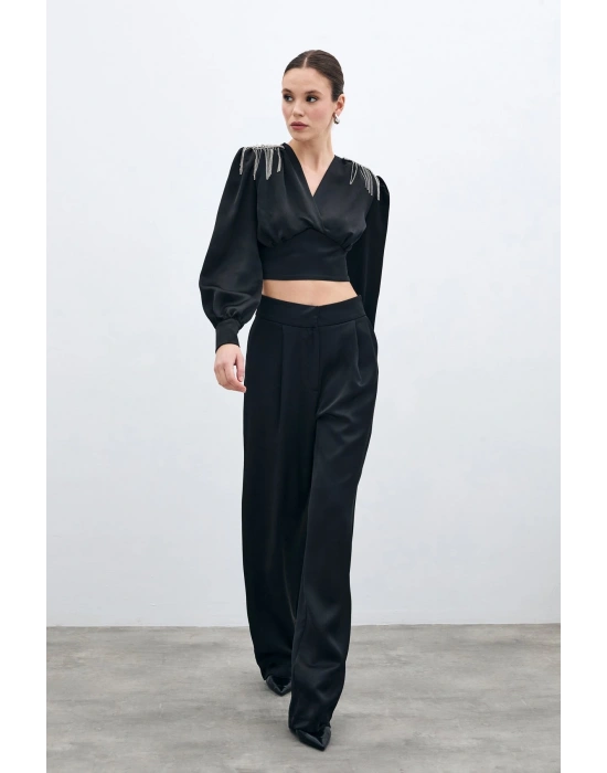 Pileli Saten Krep Pantolon - Siyah