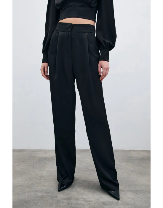 Pileli Saten Krep Pantolon - Siyah