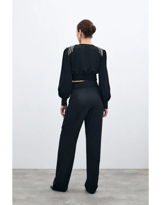 Pileli Saten Krep Pantolon - Siyah