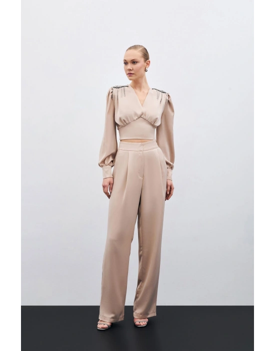 Pileli Saten Krep Pantolon - Bej
