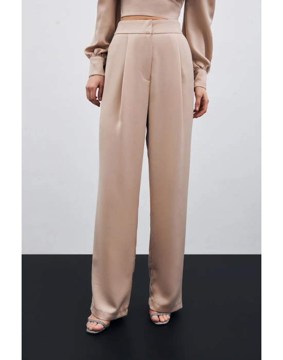 Pileli Saten Krep Pantolon - Bej