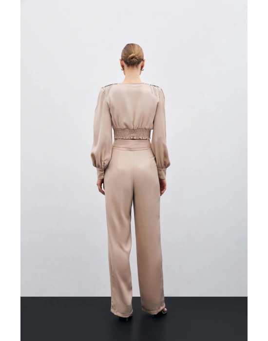 Pileli Saten Krep Pantolon - Bej