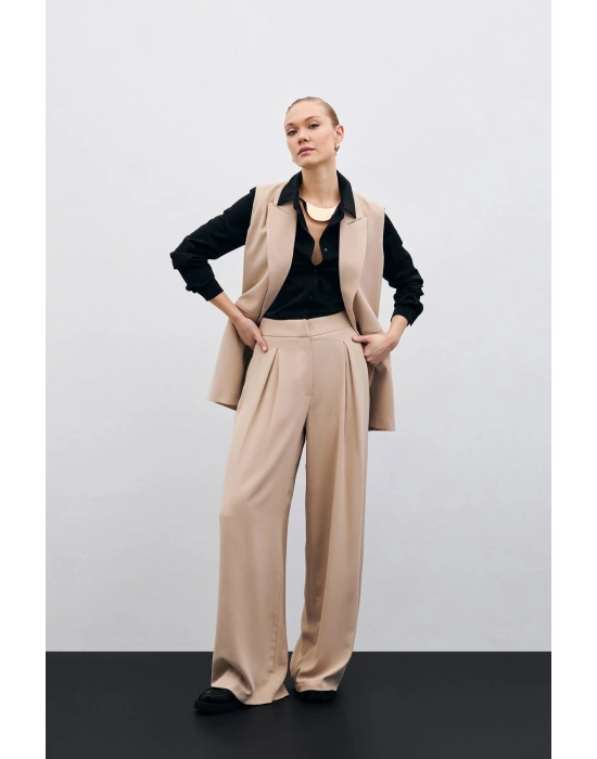 Yüksek Bel Bol Paça Pantolon - Bej