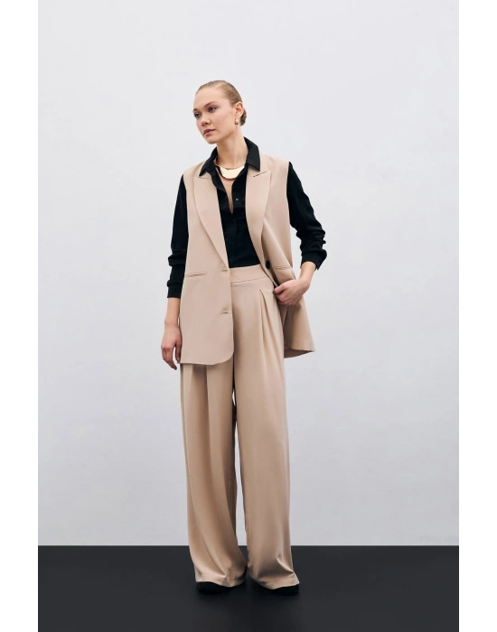 Yüksek Bel Bol Paça Pantolon - Bej