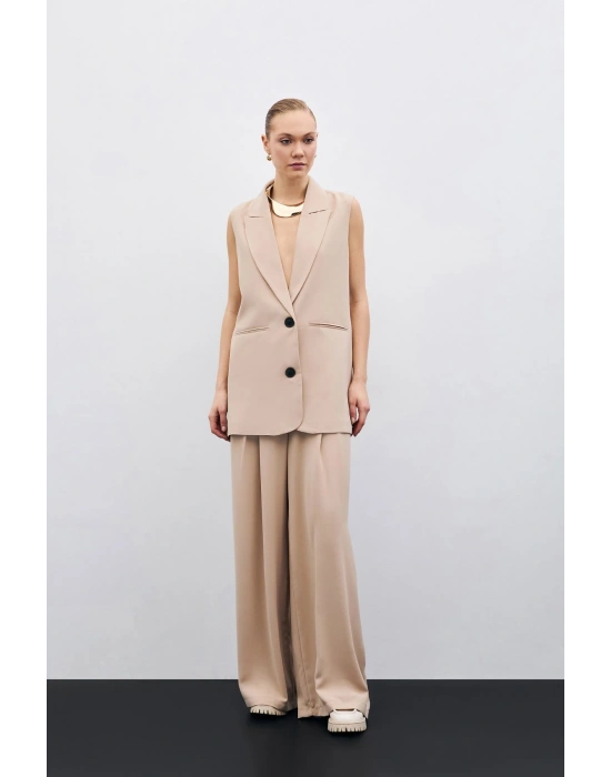 Yüksek Bel Bol Paça Pantolon - Bej