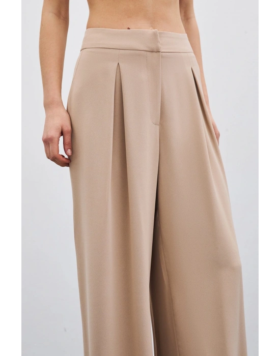 Yüksek Bel Bol Paça Pantolon - Bej