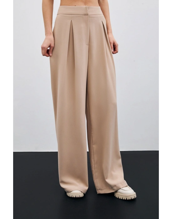 Yüksek Bel Bol Paça Pantolon - Bej