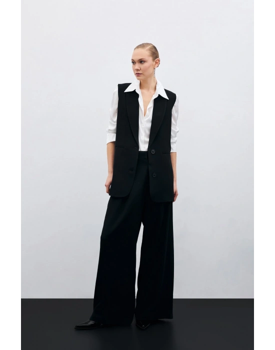 Yüksek Bel Bol Paça Pantolon - SİYAH