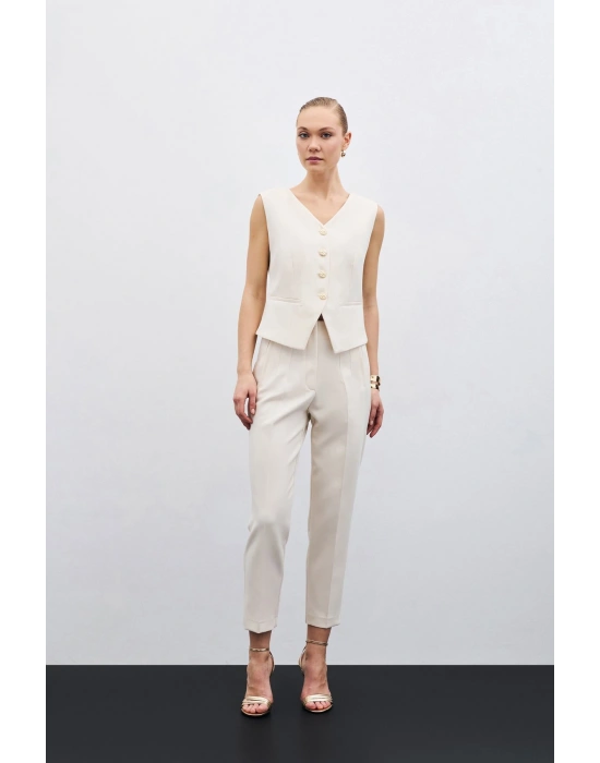 Yüksek Bel Pensli Pantolon - Bej