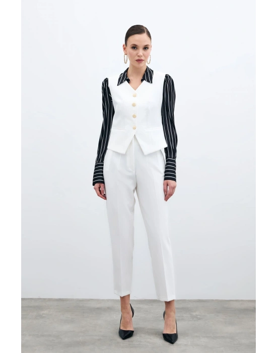 Yüksek Bel Pensli Pantolon - Ekru