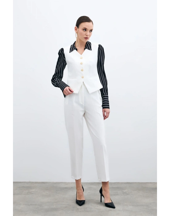 Yüksek Bel Pensli Pantolon - Ekru