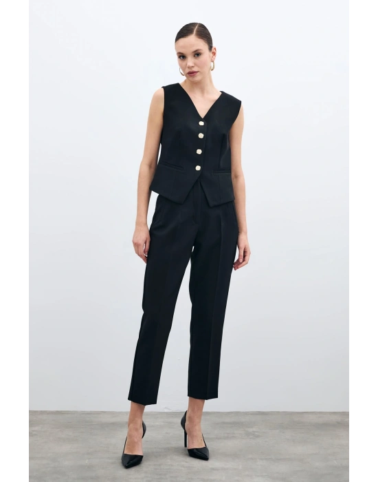 Yüksek Bel Pensli Pantolon - Siyah