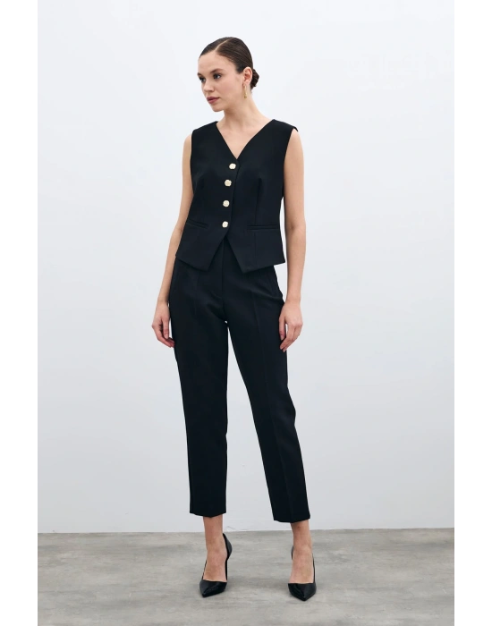 Yüksek Bel Pensli Pantolon - Siyah