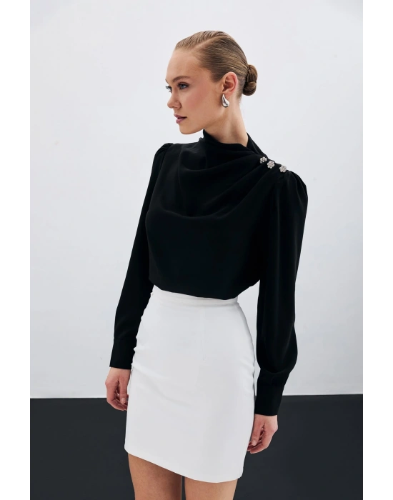 Düğmeleri Taş Detaylı Bluz - Siyah