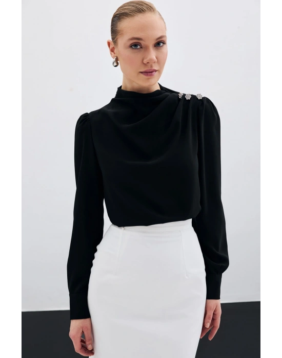 Düğmeleri Taş Detaylı Bluz - Siyah