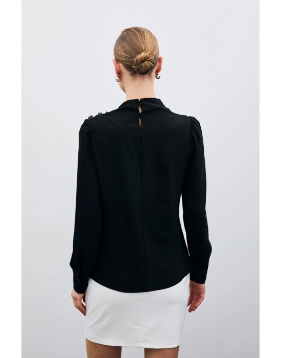 Düğmeleri Taş Detaylı Bluz - Siyah