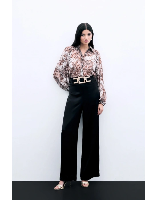 Bel Kemerli Saten Krep Pantolon - Siyah