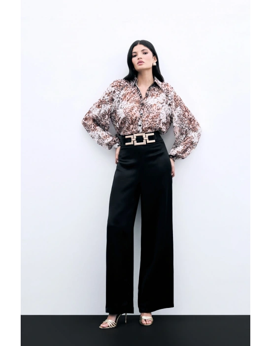 Bel Kemerli Saten Krep Pantolon - Siyah