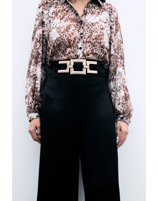 Bel Kemerli Saten Krep Pantolon - Siyah