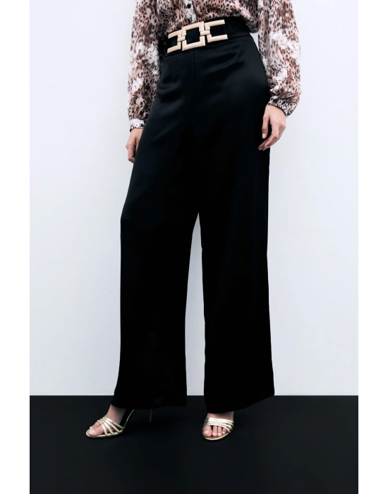 Bel Kemerli Saten Krep Pantolon - Siyah