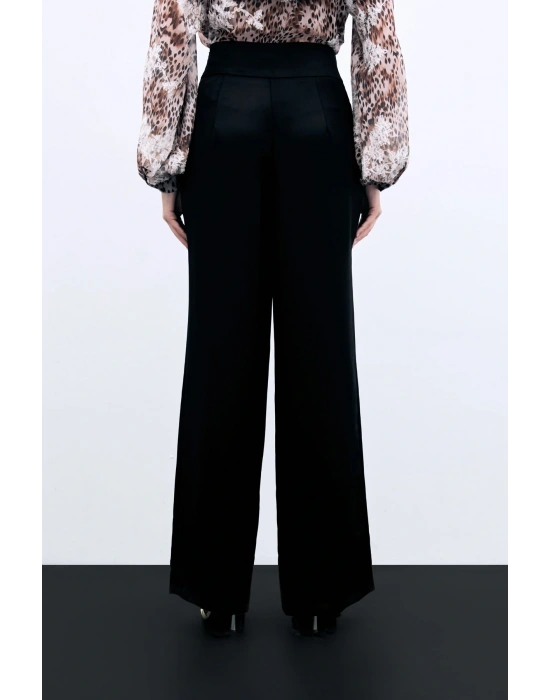 Bel Kemerli Saten Krep Pantolon - Siyah