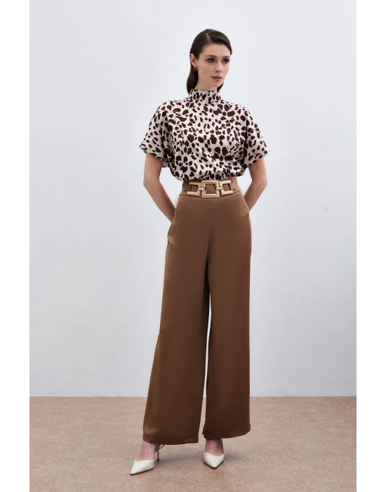 Bel Kemerli Saten Krep Pantolon - Camel