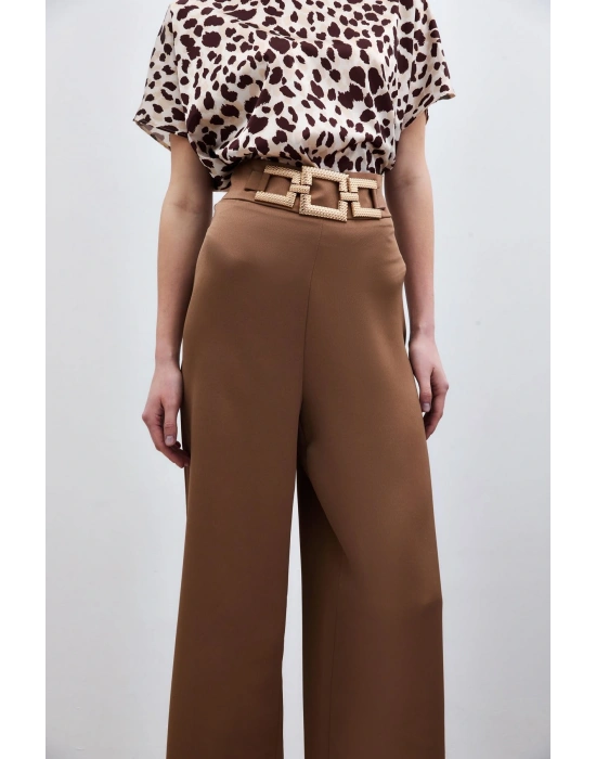 Bel Kemerli Saten Krep Pantolon - Camel