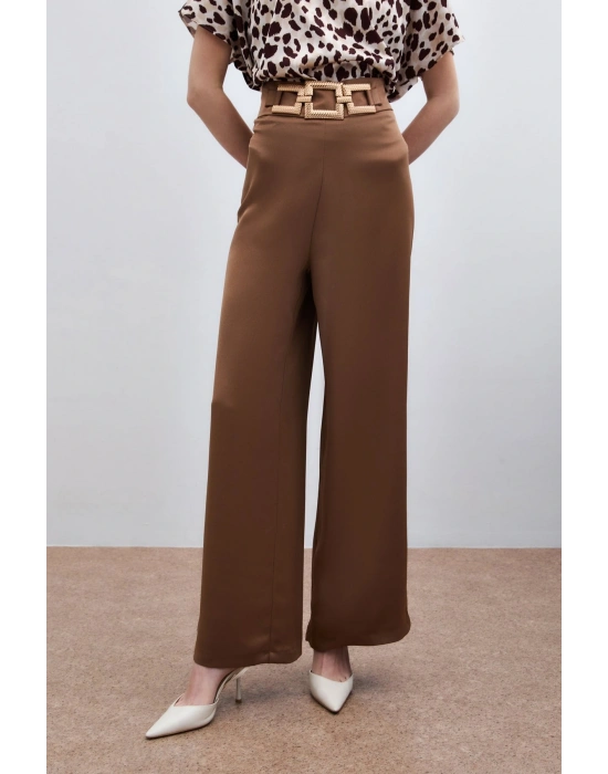 Bel Kemerli Saten Krep Pantolon - Camel